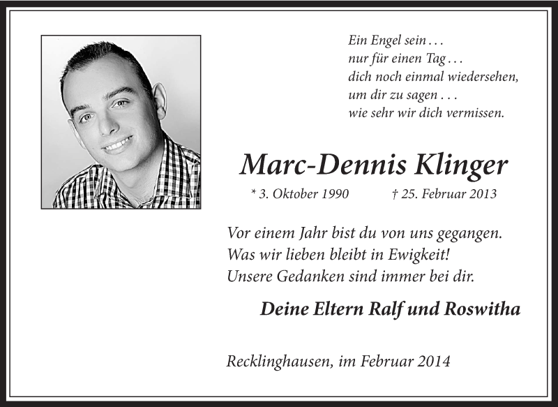  Traueranzeige für Marc-Dennis Klinger vom 25.02.2014 aus Medienhaus Bauer